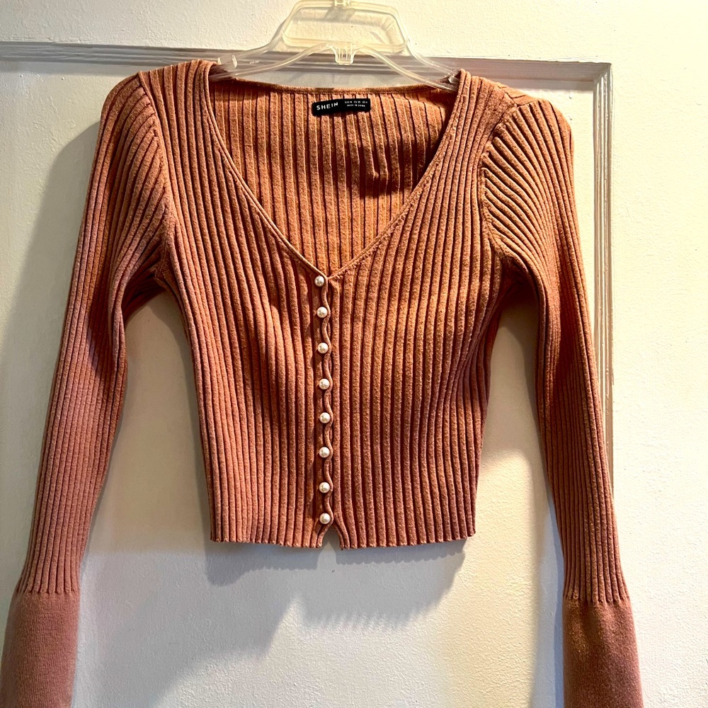SHEIN Ribbed Knit Button-Down Long Sleeve